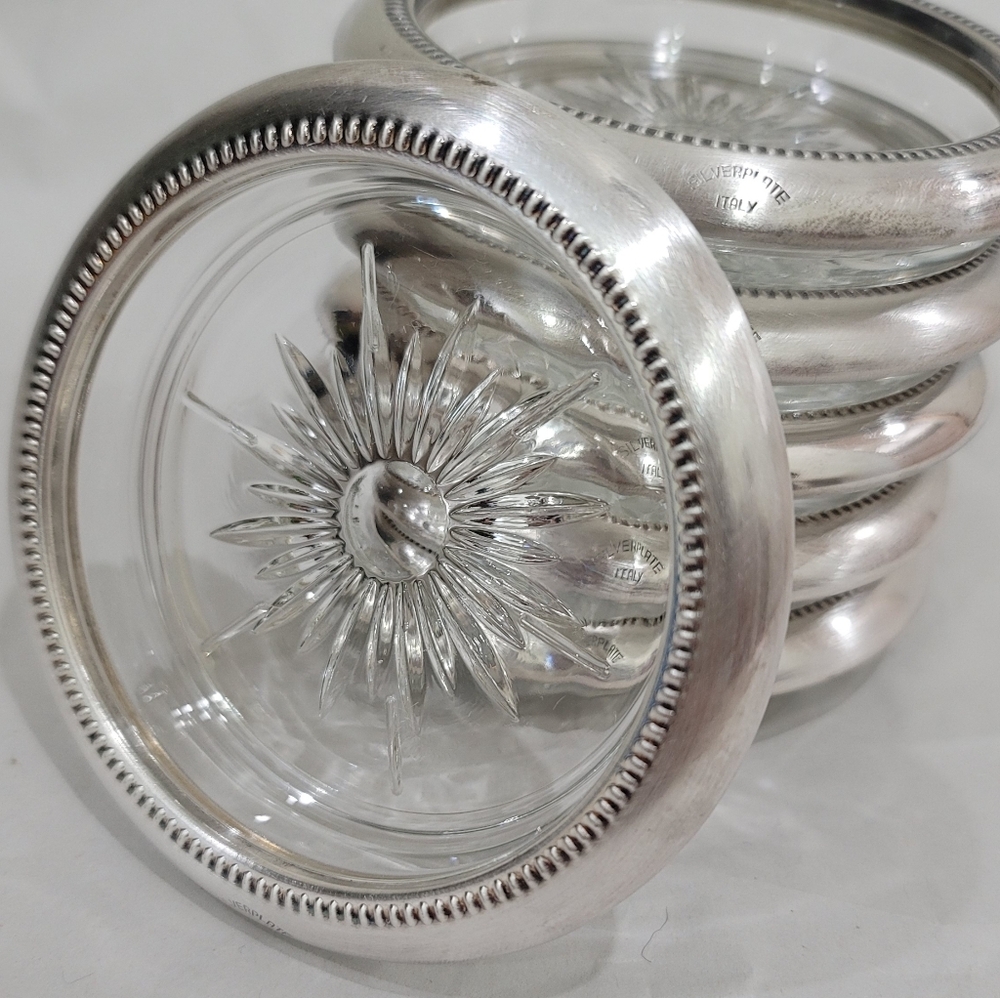 Vintage Silverplate Crystal Coasters With Starburst Design